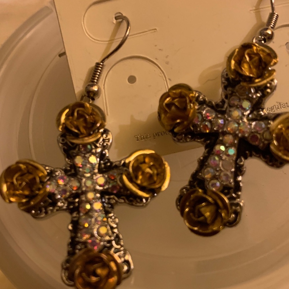 Gold and Silver Rose Cross Earrings